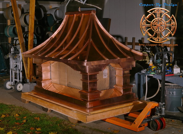 A Grecian style copper chimney cap for Dr. Adam Andrews in Columbia Missouri